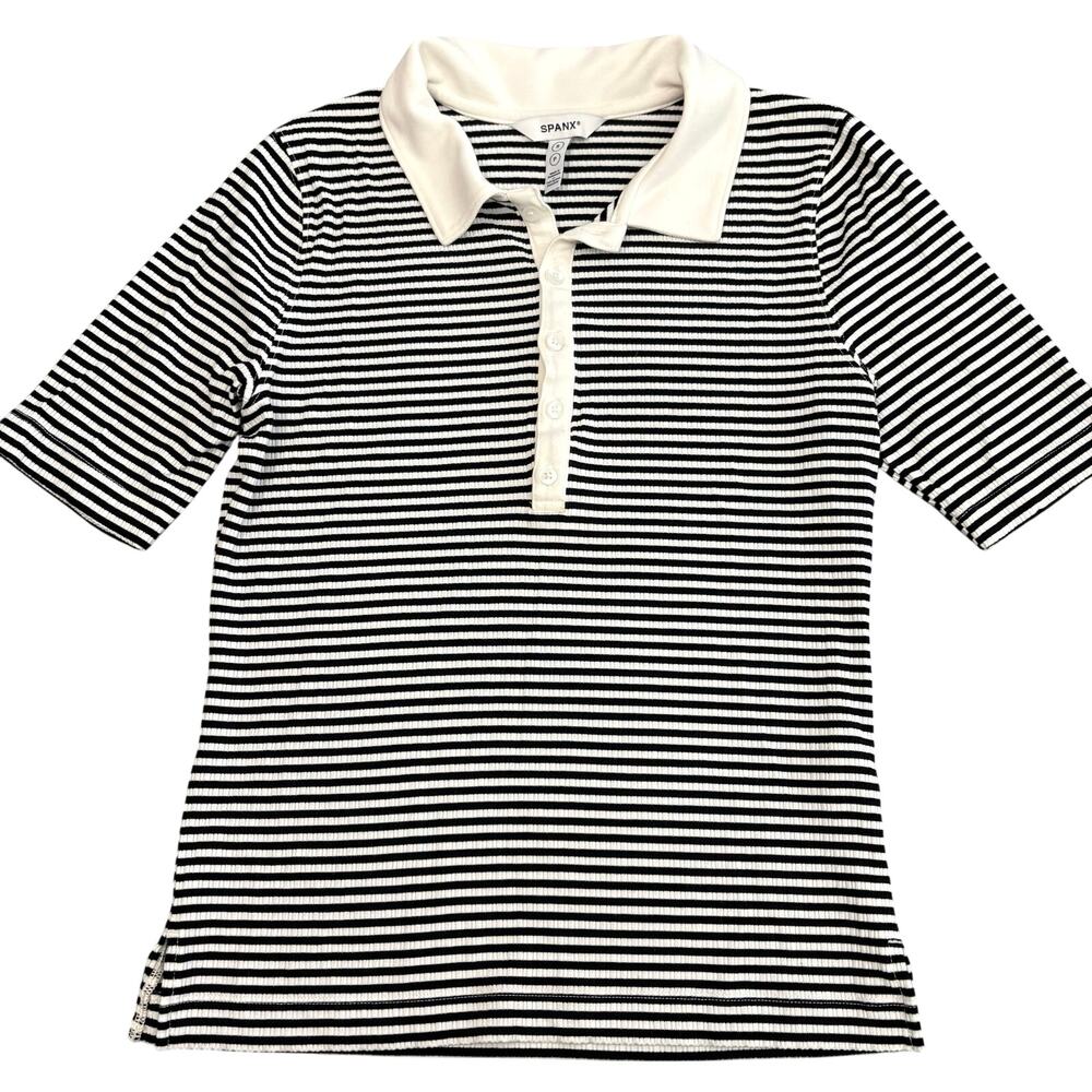 Spanx Stretch Ribbed Polo Top Size Small  Stretch Minimal Coastal Beachy Preppy